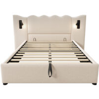 Cama matrimonial acolchada 160 x 200 con luz de lectura y cargador USB Type-C, beige, lino