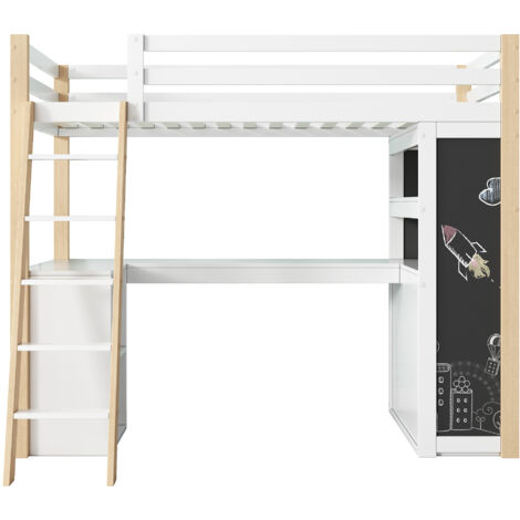 Lit enfant multifonctionnel avec échelle, bureau, compartiment de rangement, tiroir spacieux, tableau, étagère, blanc + naturel, 90x200 cm (1/5)