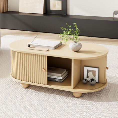 Gutent – Table basse relevable ovale avec rangement – MDF bois naturel – Dimensions 100x50x40 cm – Capacité 30 kg – Portes coulissantes