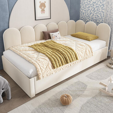 Lit de jour 90x200 cm avec lit escamotable 90x190 cm, lit enfant avec sommier, velours, sans matelas - Beige