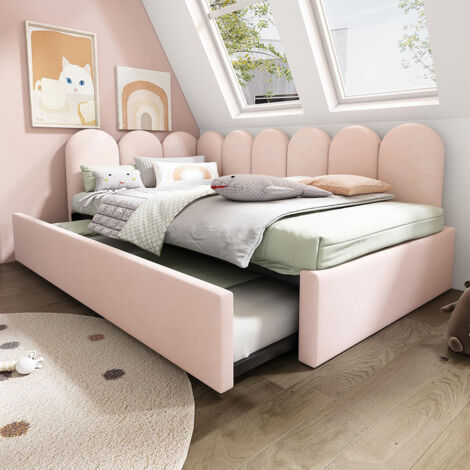 Lit de jour 90x200 cm avec lit escamotable 90x190 cm, lit enfant avec sommier, velours, sans matelas - Rose