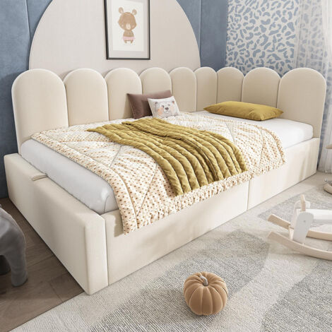 Lit capitonné 90x190 cm avec rangement hydraulique, sommier métallique, velours, sans matelas - Beige