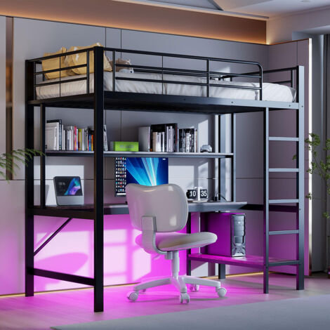 Lit superposé 90x200 cm avec USB et prises électriques, éclairage LED, bureau, métal - Noir