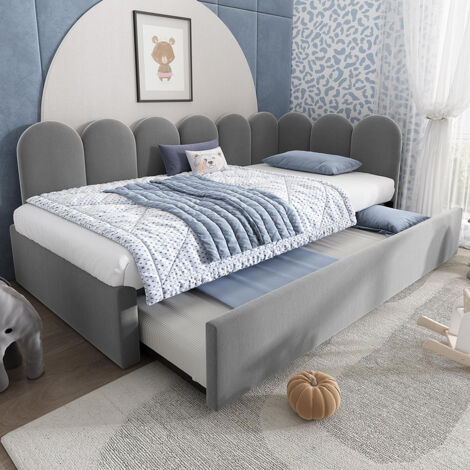 Lit de jour 90x200 cm avec lit escamotable 90x190 cm, lit enfant avec sommier, velours, sans matelas - Gris