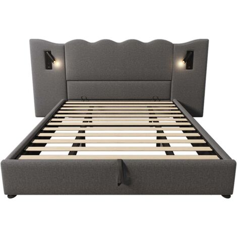 Lit double capitonné 180 x 200 avec liseuse et chargeur USB Type-C, gris, lin (1/5)