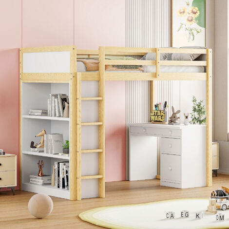 Lit superposé enfant 90x200 cm, avec meuble de rangement et bureau d'ordinateur, couleur bois (1/5)