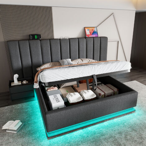 Lit double capitonné 160 x 200 avec app control LED et chargement USB-C, gris, sans tête de lit. (1/5)