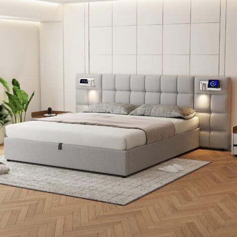 Lit rembourré 180x200 cm, lit de rangement avec port USB, chargeur sans fil et lumière, lin, gris (1/5)