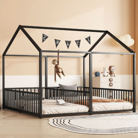 Lit d'enfant en métal 90x200 cm, barrières, échelle, moulures, lit double, cadre en fer- Noir