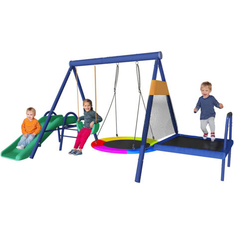 Ensemble multifonctionnel de balançoires d'extérieur - Avec toboggan, trampoline, balançoire nid d'oiseau ronde et balançoire en plastique