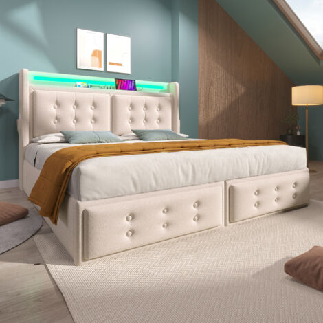 Lit Double Capitonné 160x200 Avec Tête De Lit LED Et Chargeur USB C, Beige (sans Matelas) (1/5)