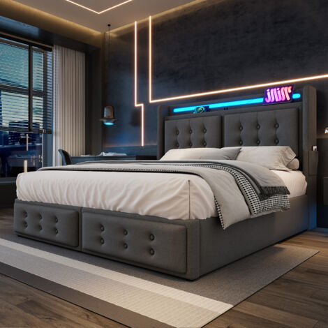 Lit Double Capitonné 140x200 Avec Tête De Lit LED Et Chargeur USB C, Gris (sans Matelas) (1/5)