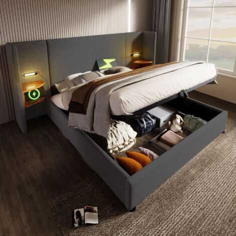 Gutent – Lit double capitonné 180x200 cm – Tête de lit avec liseuse et chargeur USB Type-C – Structure métallique et bois massif – Gris, lin