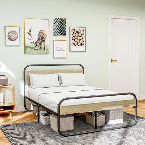 Lit double 140 x 190 cm, structure en acier industriel avec tête de lit et matelas, aspect bois, chêne (1/5)