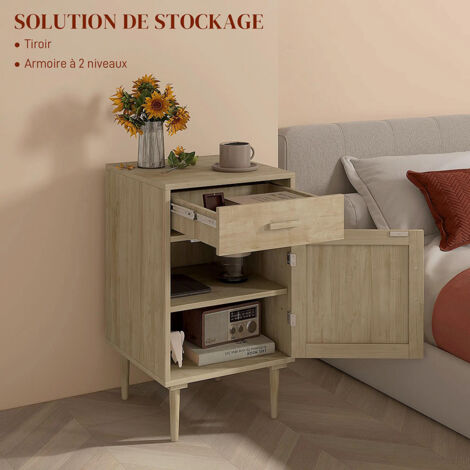 Table de chevet avec armoire et cadre en rotin, 1 tiroir, style Bohème - 40 x 40 x 68,5 cm, couleur naturelle (1/5)