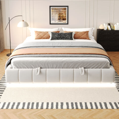 Gutent – Lit rembourré 180 x 200 cm sans tête de lit – Bande lumineuse LED – Capacité de charge 300 kg – Tissu velours beige (1/5)