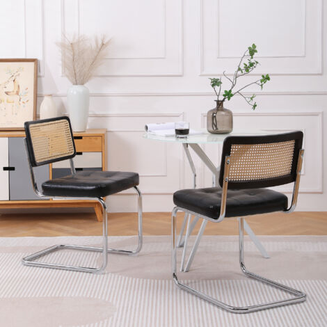 Ensemble de chaises de salle à manger en rotin noir (lot de 2) avec coussin en cuir et dossier en maille (1/5)