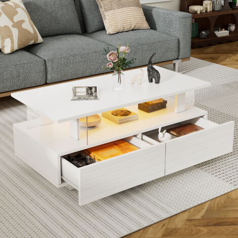Table basse LED blanche 100x50x42,5 cm, avec espace de rangement, design rectangulaire à deux niveaux, en acrylique (1/5)