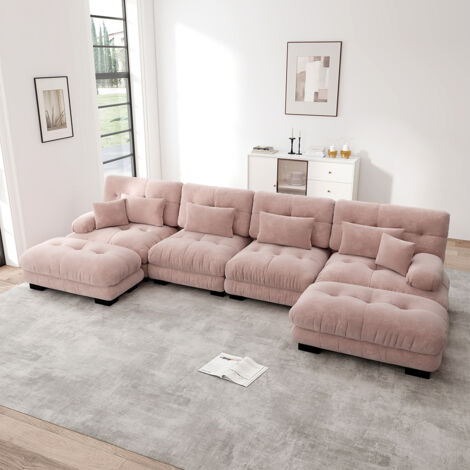 Canapé d'angle modulaire, en forme de U, quatre places, avec repose-pieds amovible, tissu chenille- Rose (1/5)