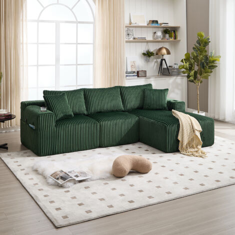 Canapé modulaire en velours côtelé - 5 coussins inclus, rangement latéral et porte-gobelet - Idéal pour salon, appartement et studio - Émeraude (1/5)