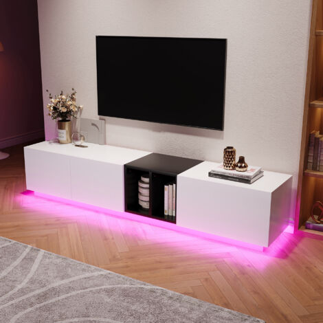 Meuble TV en bois blanc, de style minimaliste, avec design contrasté noir et blanc, comprenant des tiroirs et des étagères ouvertes (1/3)