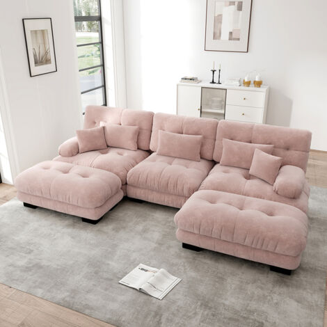 Canapé nuage extra-large en forme de U, canapé-lit convertible avec repose-pieds, chenille- Rose