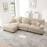 Canapé extra-large en L, adapté au salon, avec repose-pieds, velours côtelé- Beige