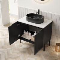 Meuble de salle de bain 76 cm avec lavabo ovale en céramique rayée et meuble 2 portes rayé - Noir