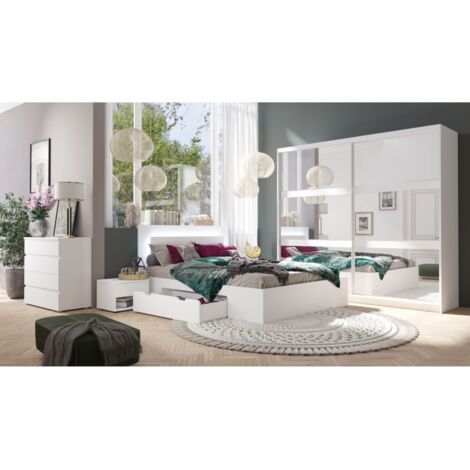 Schlafzimmer-Set NOFI - Bett 140x200 cm mit Lattenrost, 2 Schubladen, Nachttische, Kleiderschrank und Kommode - weiß (1/5)