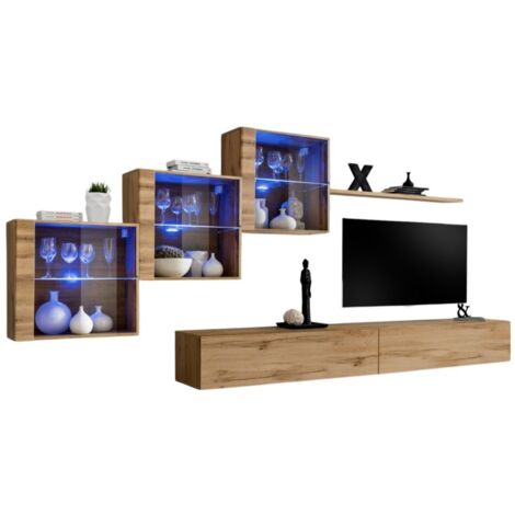 Wandkomposition SWITCH XX – Doppeltes TV-Möbel, LED-verglaste Würfel und Regal – Wotan-Eiche – Modernes Design (1/2)
