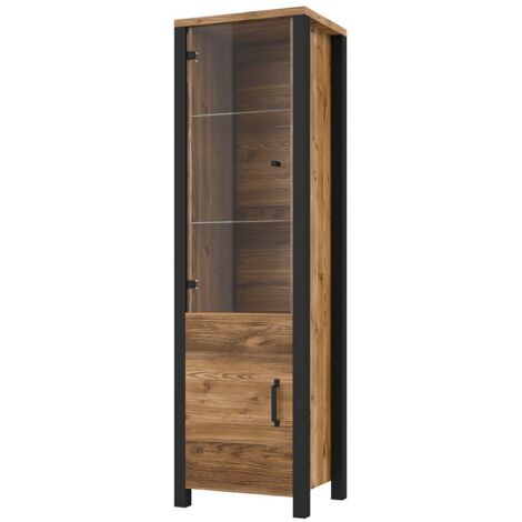 Hoher Vitrinenschrank mit 2 Türen im Design DARWIN – Fichte und Schwarz