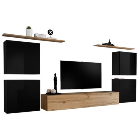 Wohnzimmermöbel-Set SWITCH IV im Design, Farbe Wotan-Eiche und glänzend Schwarz. (1/2)