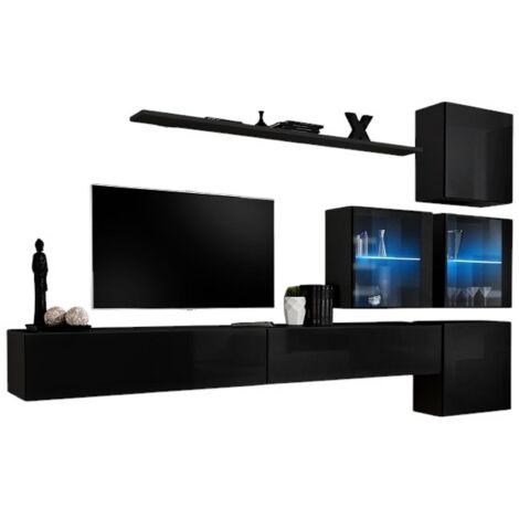 Wandkomposition SWITCH XIX – Doppeltes TV-Möbel, Würfel, LED-beleuchtete Glaswürfel und Regal – Hochglanz Schwarz – Modernes Design (1/2)