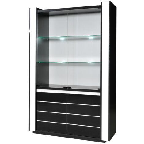 Vitrine Geschirrschrank LINA schwarz und weiß mit LED – 4 Drehtüren