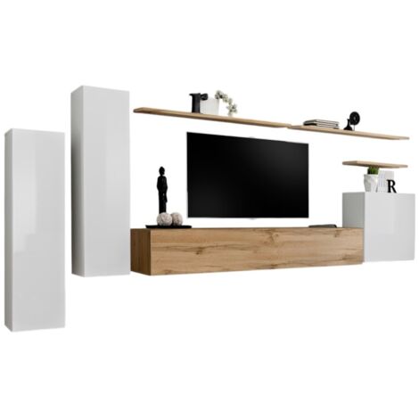 Wohnzimmermöbel-Set aus der Kollektion SWITCH I, Design in Hochglanzweiß und Wotan-Eiche. (1/2)