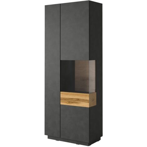 Vitrine Kollektion KILES in Anthrazitgrau und Eichenfarbe. Modell mit Vitrine rechts. Integrierte LED. (1/5)