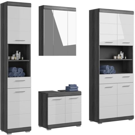 Badezimmer-Set SCOTT – Waschtischunterschrank, Hochschrank, Spiegelschrank und Stauraumelement – Dunkelgrau und Weiß (1/5)