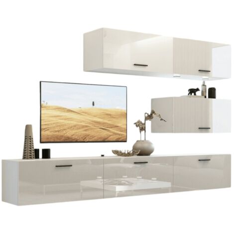 Weiße Wohnzimmermöbel-Set hängend Kollektion CEPTO XXV. 249cm, 6 Möbelstücke, LEDs, modular. (1/4)