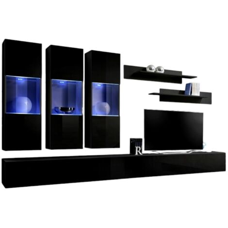 Wandkomposition FLY E3 – Schwebende TV-Möbel, LED-Vitrinenschränke und Regale – Hochglanz Schwarz – Modernes Design (1/2)