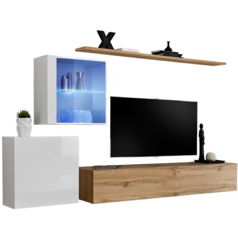 Wandkombination SWITCH XV – TV-Möbel, hängende Würfel und Regal – Wotan Eiche und Hochglanz Weiß – Modernes Design (1/2)