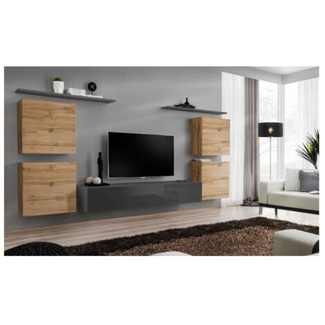 Wohnzimmermöbel-Set SWITCH IV im Design, glänzend grau und Wotan-Eiche.