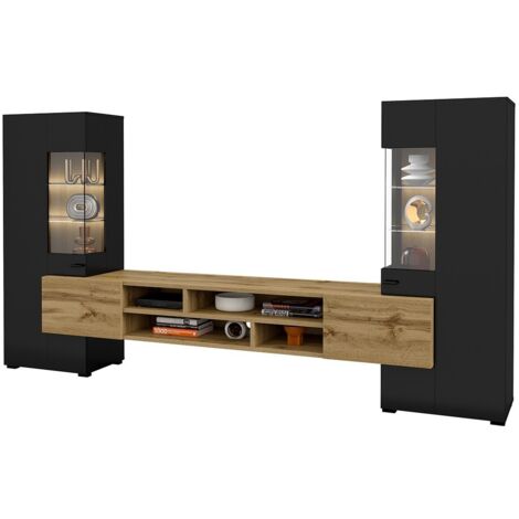 Set aus 3 Möbelstücken für das Wohnzimmer, Kollektion KOBEE. Farbe Schwarz und Eiche. (1/5)