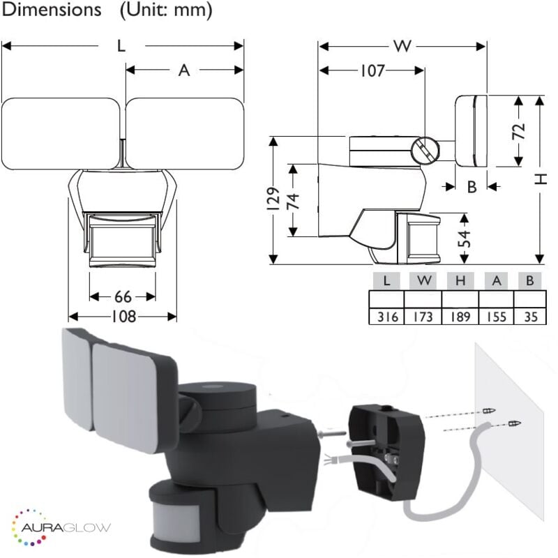 auraglow 46w pir motion sensor twin security light