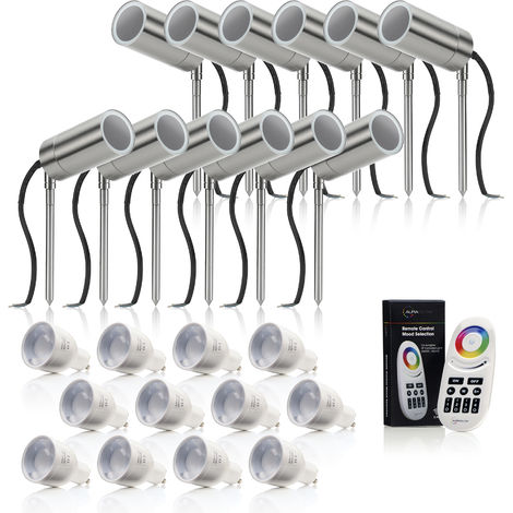 Auraglow Stainless Steel GU10 Garden Outdoor Spike Light with RF Remote Control Colour Changing LED Bulbs