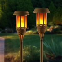 Auraglow Solar Powered Flickering Flameless Flame Lamp Bamboo Tiki Torch LED Garden Lantern Outdoor Lawn Path Post Spike Light - Set of 2