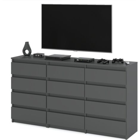 Commode moderne 12 tiroirs (8+4) – Dimensions H92cm B180cm D33cm – Panneau de particules mélaminé gris mat – Assemblage facile (1/5)