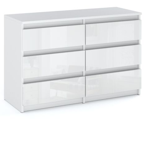 Commode blanche brillante 100 cm – 6 tiroirs – Panneau laminé – Corps mat et façade brillante – Meuble TV et de salon