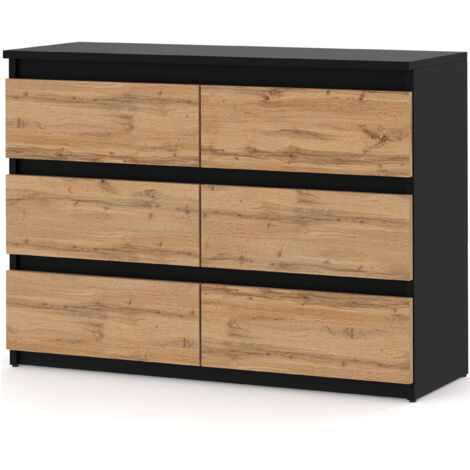 Commode 6 tiroirs 100 cm noir mat chêne wotan – Construction robuste – Ouverture sans poignée – Meuble sur pied pour salon ou chambre