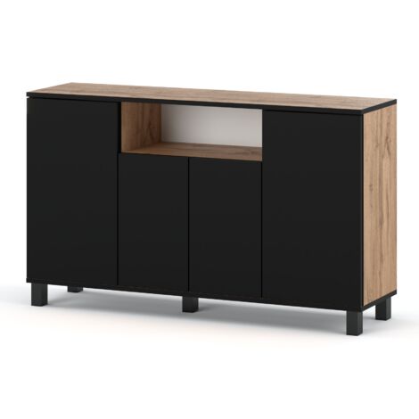 Commode 140 cm en chêne Wotan noir – 4 portes sans poignées – Revêtement résistant aux rayures – Hauteur 80 cm, profondeur 35 cm (1/5)
