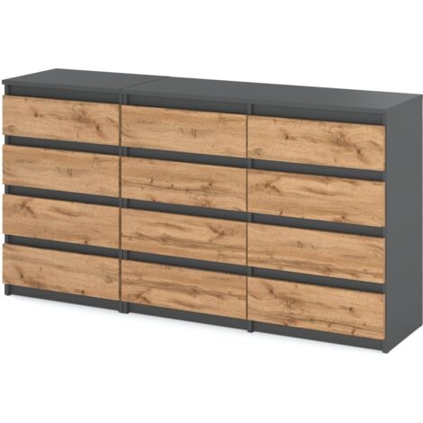 Commode 12 tiroirs style scandinave 84 cm – Gris mat/Douglas Wotan – Panneaux de particules haute qualité – Tiroirs sans poignées (1/5)